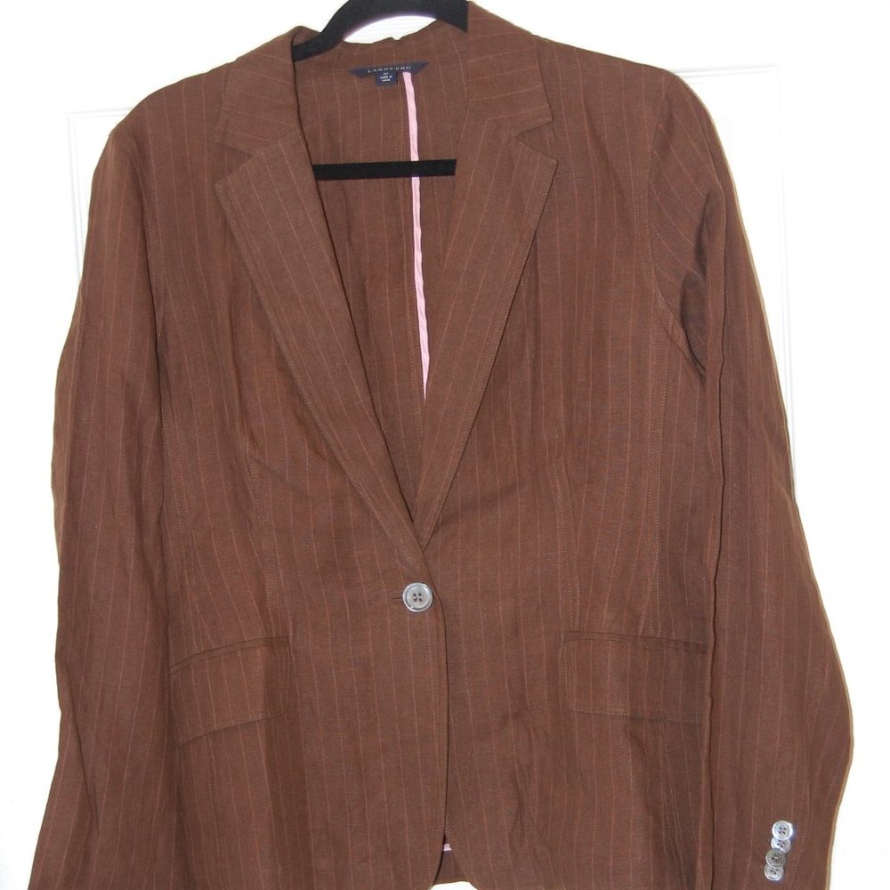 Lands End Women's Brown Pinstripe w/ Light Pink 1 Button Jacket Size 16P